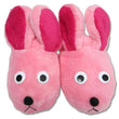 Load image into Gallery viewer, Pink plush bunny slippers top view showing googly eyes, black nose, whiskers, and floppy ears with hot pink lining
