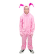 Load image into Gallery viewer, Adult pink bunny suit pajamas with floppy ears and front zipper, worn by male model, front view
